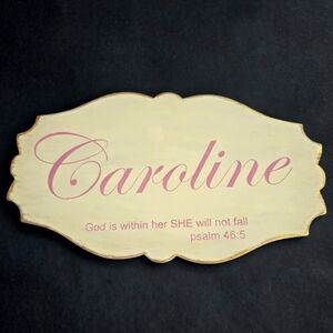 Pink & cream trimmed in gold. Distressed wood personalized wall decor.